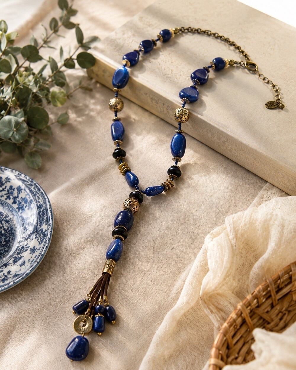Signed EL Erica Lyons Blue Bead Tassel Necklace Gold Tone Long Boho Statement